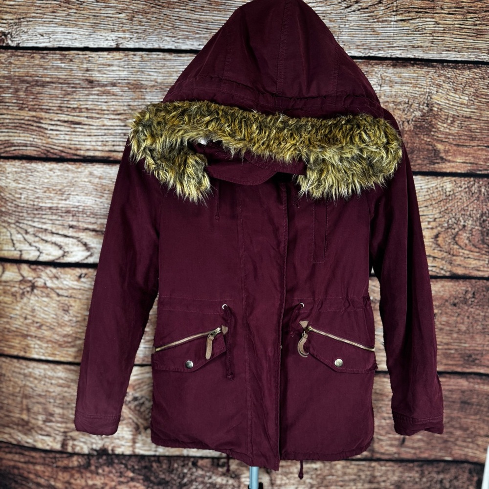 Love Tree Burgundy Utility Jacket with‎ Faux Fur